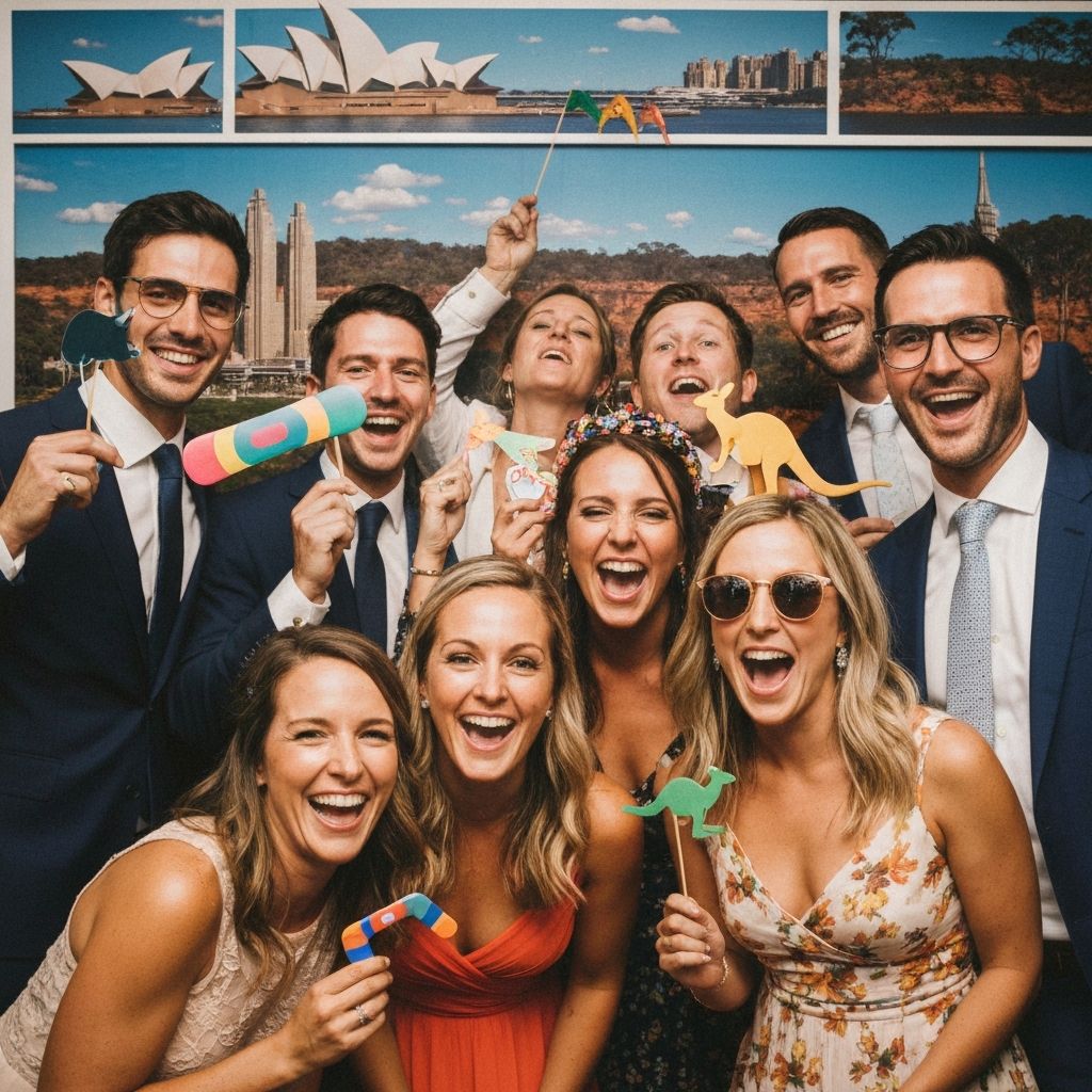 Happy guests using photo booth at Australian wedding